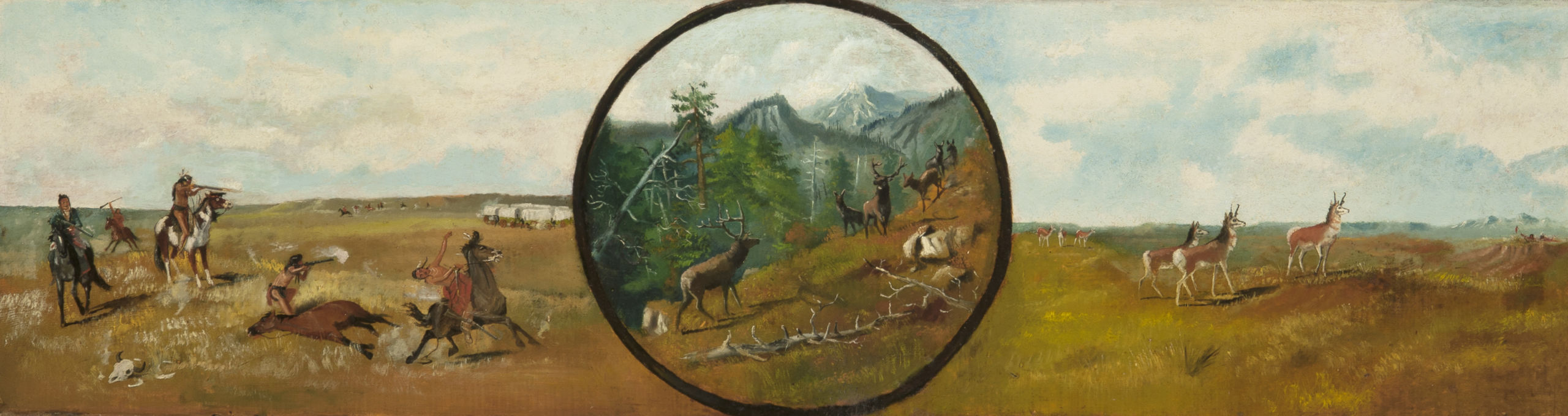 Divided into three scenes, on the left is a wagon train surrounded by indigenous Americans; at far right, antelope and hunters; and in the center circle, a herd of elk in a mountain forest.