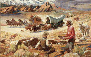 Two men panhandling for gold watch a stagecoach and covered wagon pass by with mountains in the distance.