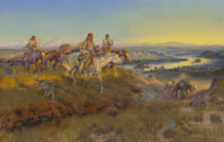 An Anglo man and two indigenous American women ride on horseback towards a tipi encampment by a river.