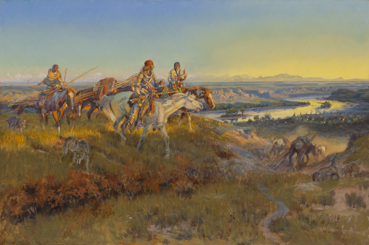 An Anglo man and two indigenous American women ride on horseback towards a tipi encampment by a river.
