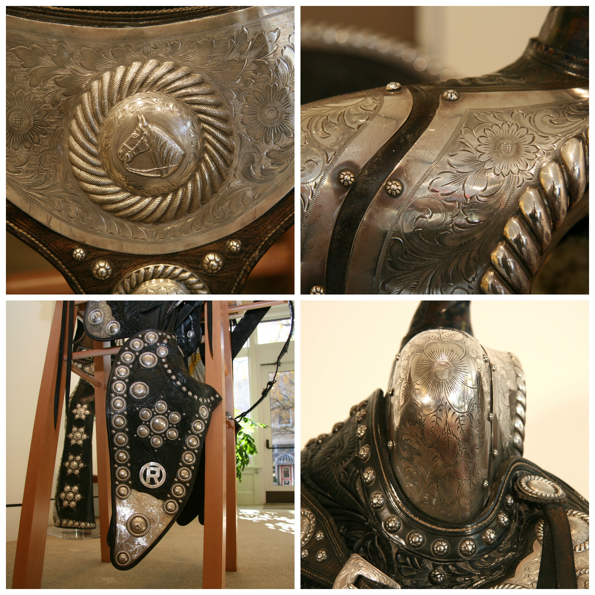 details silverwork on different parts of western saddle