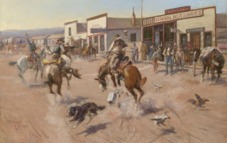 A dog with a can tied to its tail is tangled with a horse and rider in the street of a Western town while the townsfolk look on.