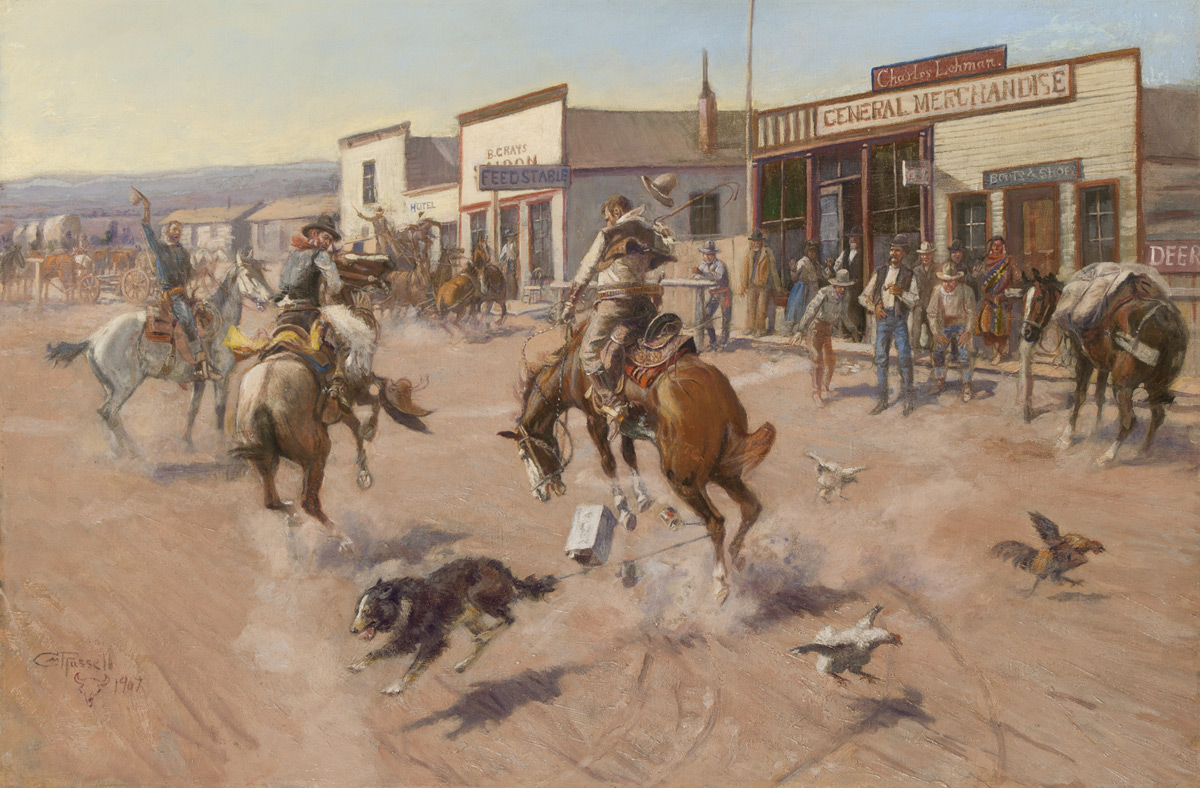 A dog with a can tied to its tail is tangled with a horse and rider in the street of a Western town while the townsfolk look on.