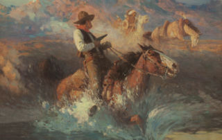 An armed Anglo man rides a horse into water while an indigenous American man on a horse follows close behind in front of a mountainous landscape.