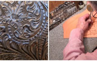 detail of tooled leather and man in process of tooling leather