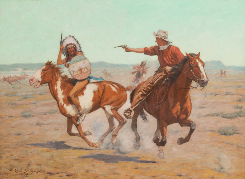 An indigenous American man in a feathered war bonnet and shield and a cowboy wearing a white hat and bandana, ride galloping horses and aim at one another with pistols.