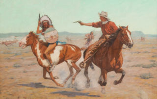 An indigenous American man in a feathered war bonnet and shield and a cowboy wearing a white hat and bandana, ride galloping horses and aim at one another with pistols.