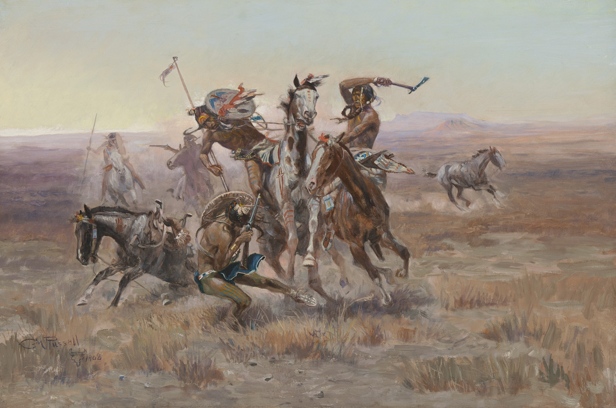 A group of Sioux and Blackfeet men engage in close combat.