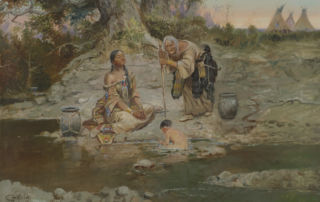 Three indigenous Americans of different generations gather at a stream of water.