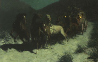 A team of startled horses pulls a stage coach through a landscape at night.