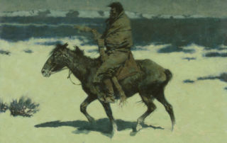 An indigenous American man rides a horse through a snowy, windy landscape at night.