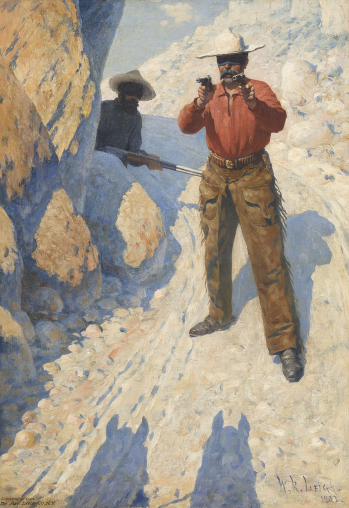 A masked man with a rifle stands blocking a mountain path.