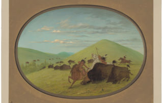 Two American Indian men spearing bison