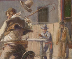 close up showing Charles Russell leaning on post in background wearing red sash