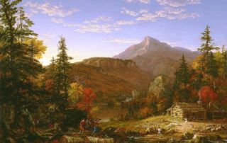 a majestic mountainous landscape with a family homestead in the foreground
