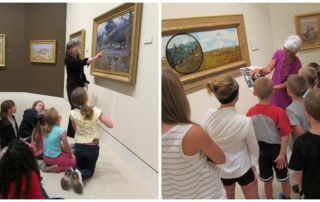 adults discussing paintings to groups of young children in museum gallery