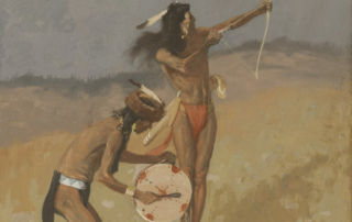 Two indigenous American men stand in a landscape. One holds a drum and the other a bow and arrow.