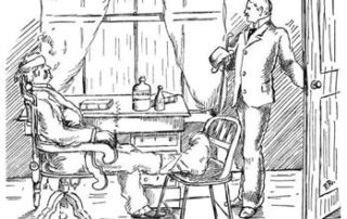 illustration of a gentleman talking to a seated, bandaged man