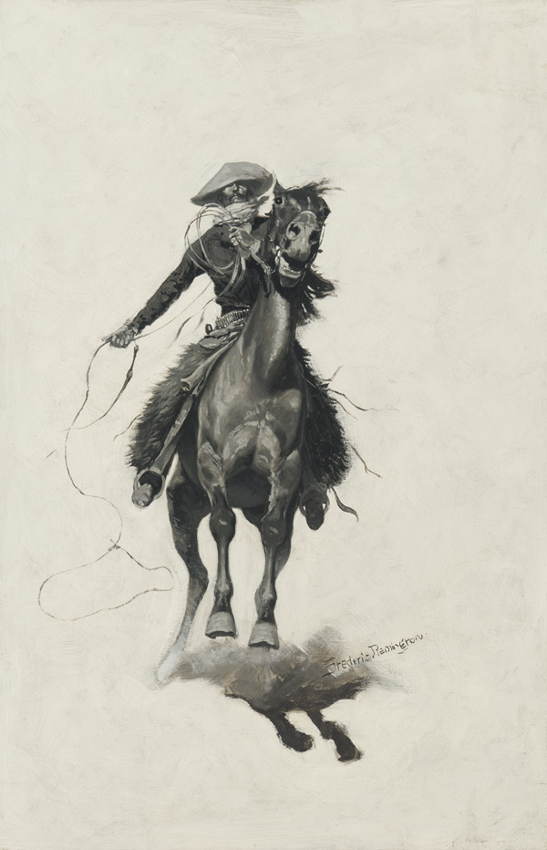 A cowboy with a lasso gallops on a horse towards the viewer.
