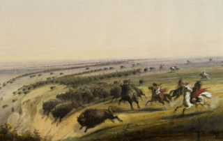 several Native Americans chasing a herd of bison off a cliff