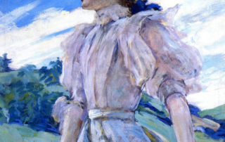 young woman in a white dress looking at into a landscape