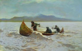 two indigenous American men rowing arduously while wrapped woman and child sit in canoe