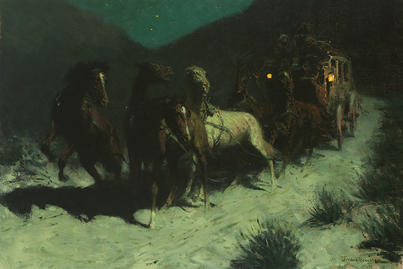 A team of startled horses pulls a stage coach through a landscape at night.