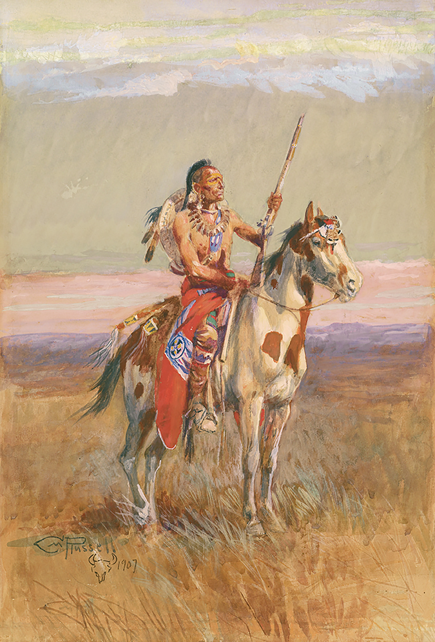 A lone Pawnee man pauses on his horse in a grassland.