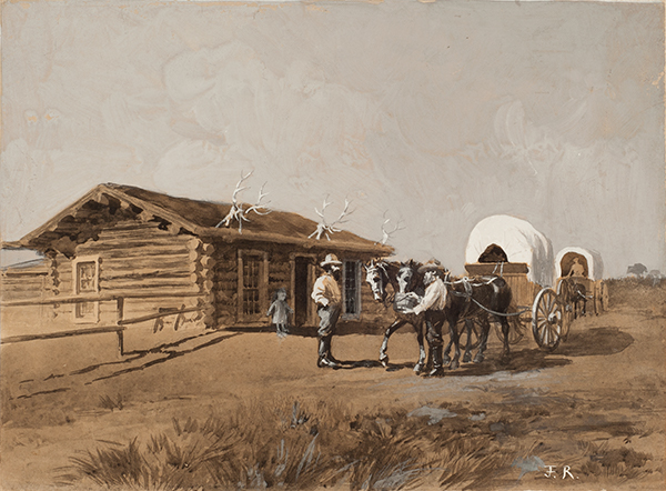Two Anglo men meet next to a small train of covered wagons outside a log cabin.