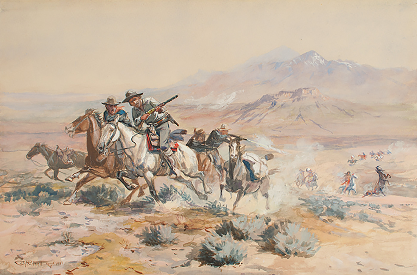 A group of Anglo men on horseback with rifles are being followed by mounted indigenous American men in the far distance.