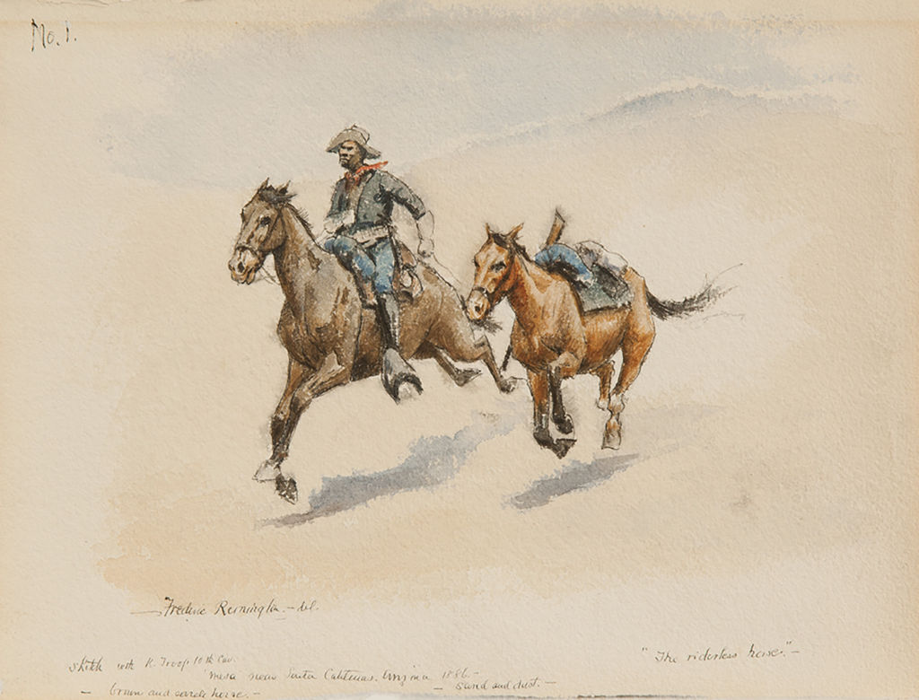 Two horses gallop together across a bare landscape with a lone African American man riding atop one of them.