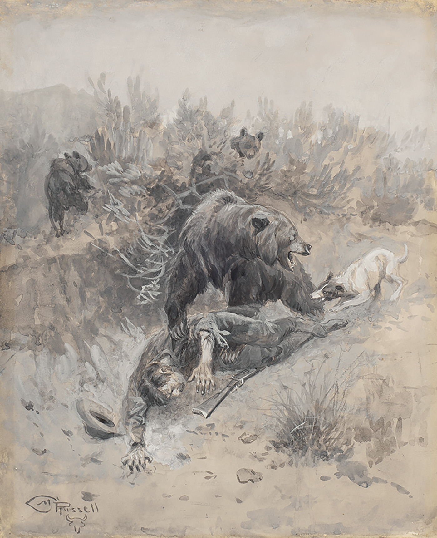 A bear mauls a man while a dog bites its hind leg.