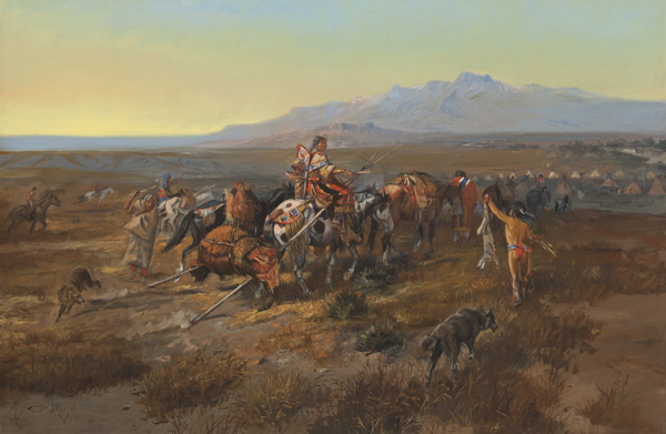 A group of indigenous American women and a child ride horses through a landscape with mountains in the distance.