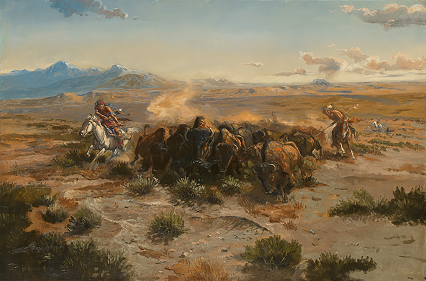 A group indigenous American men on horseback attacking on either side of a herd of bison
