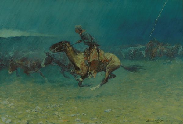 cowboy on horse galloping next to a stampede of cattle in a rainstorm at night