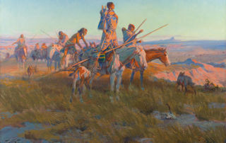 Indigenous woman standing in horse saddle looking ahead with a group of indigenous women and children behind her