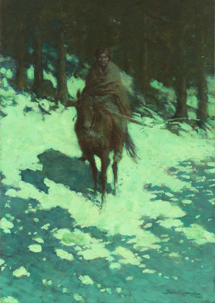 An indigenous American sits on a horse in a wooded landscape at night.