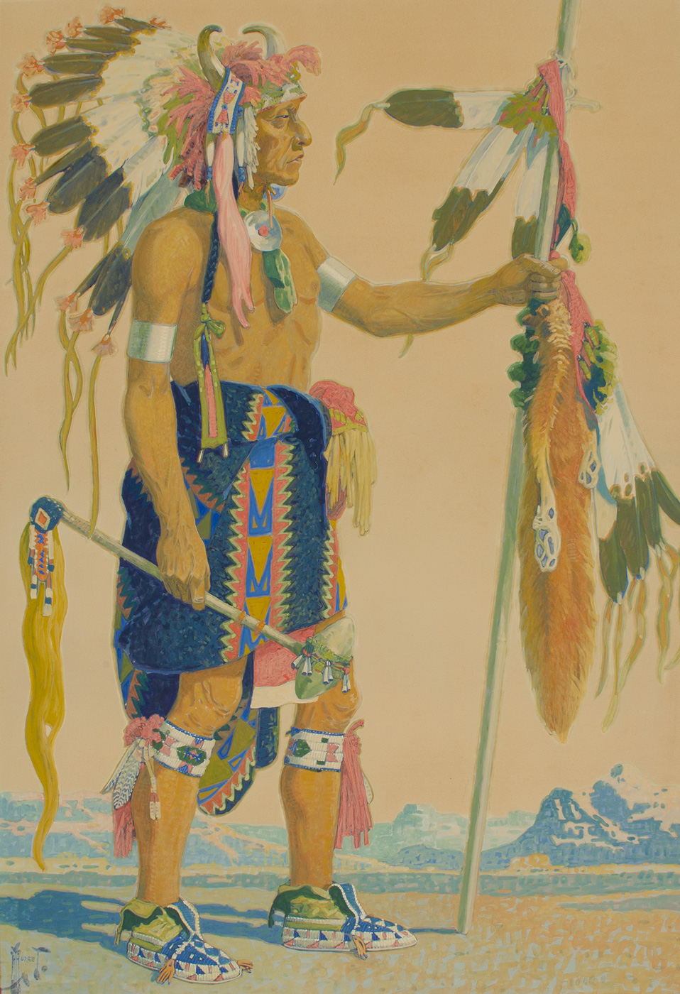 A full length, side view, portrait of an Assiniboine man in tribal clothing.