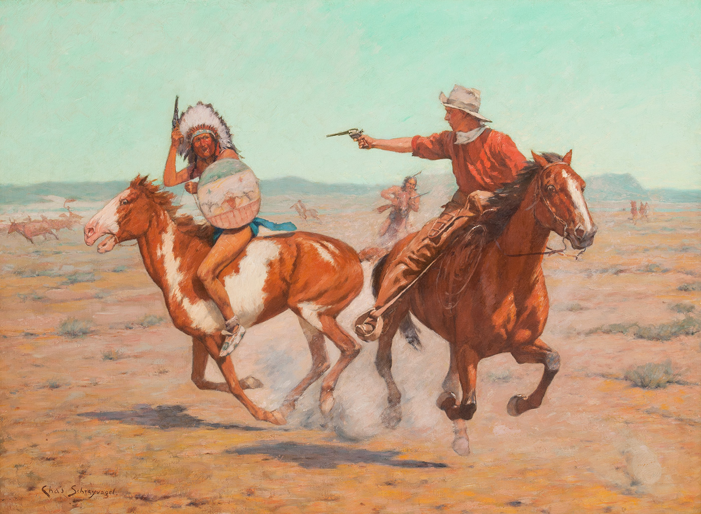 An indigenous American man in a feathered war bonnet and shield and a cowboy wearing a white hat and bandana, ride galloping horses and aim at one another with pistols.