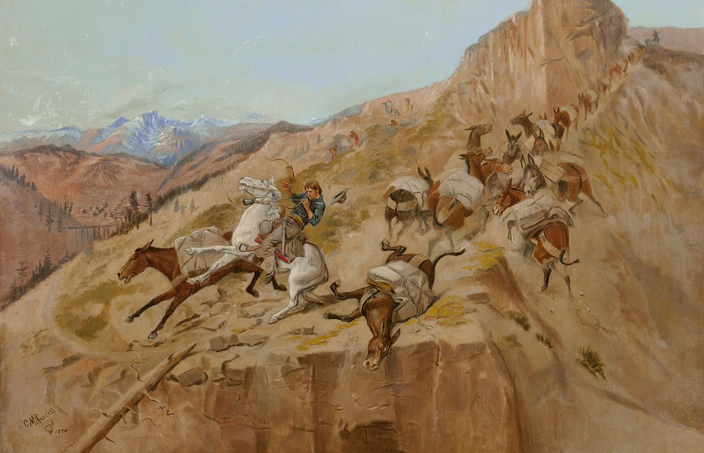 An Anglo horse rider and train of pack mules struggle and slide off a narrow mountain path as shots are fired at them.
