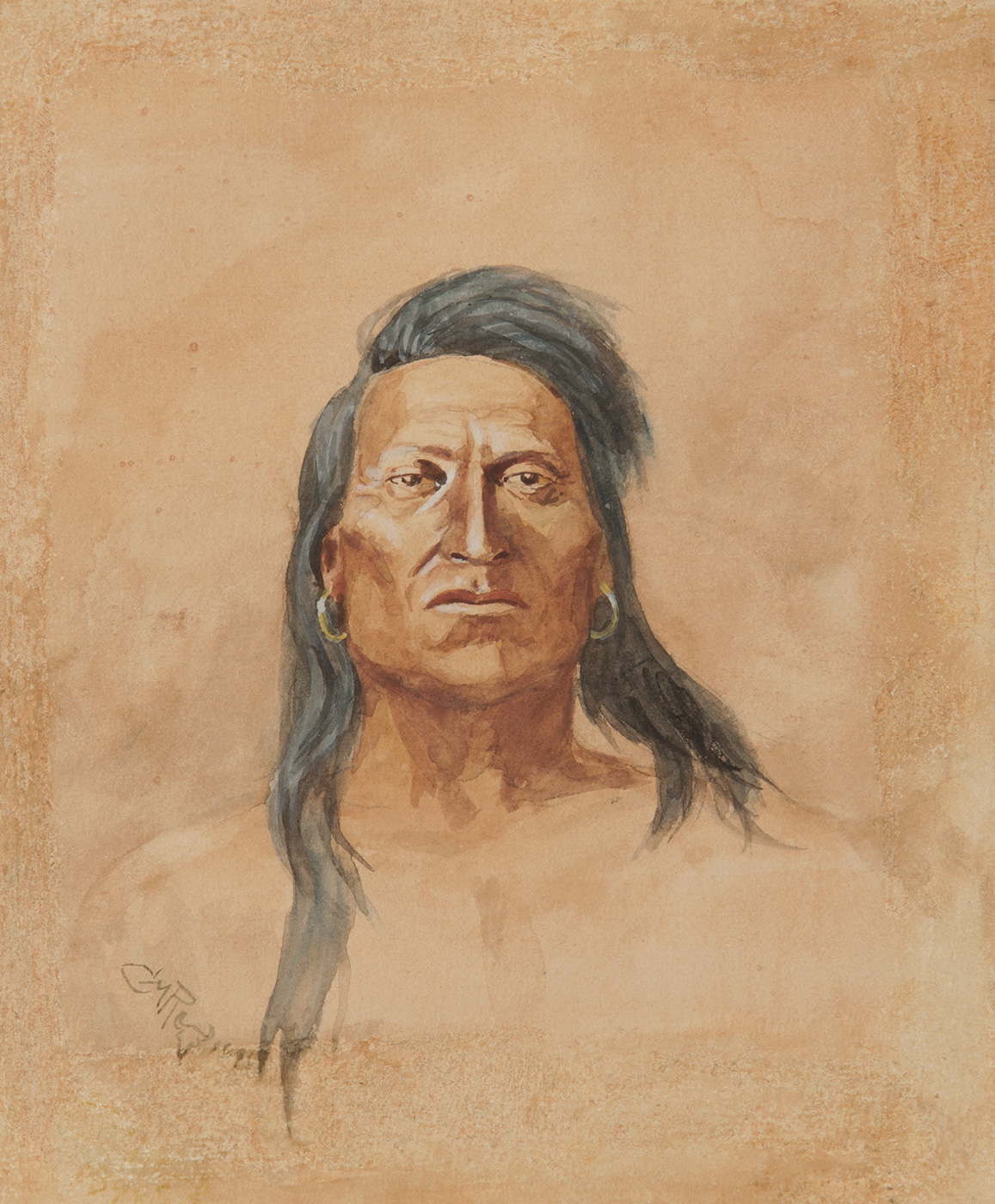A bust length portrait of an indigenous American man.