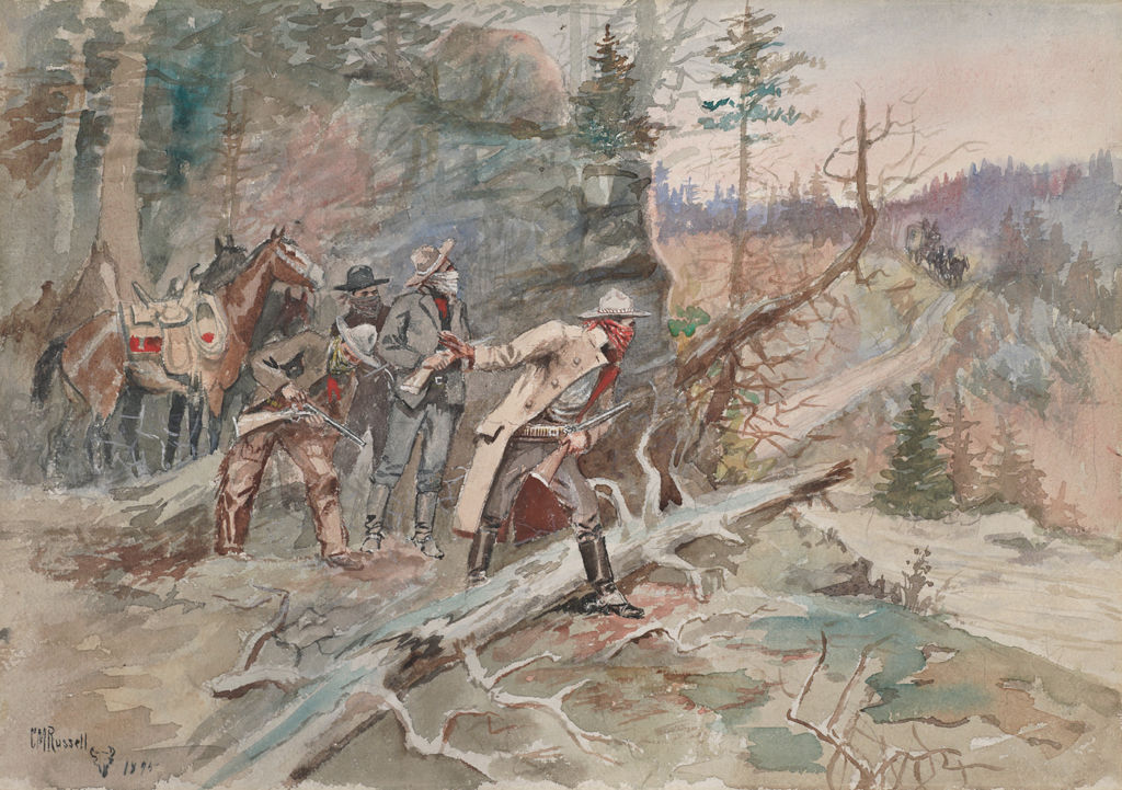 Four armed men dressed in Western wear peer from behind a rocky outcrop at a stagecoach coming down a road.