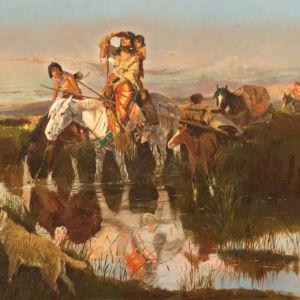 Indigenous American women and children ride horses through wetlands.