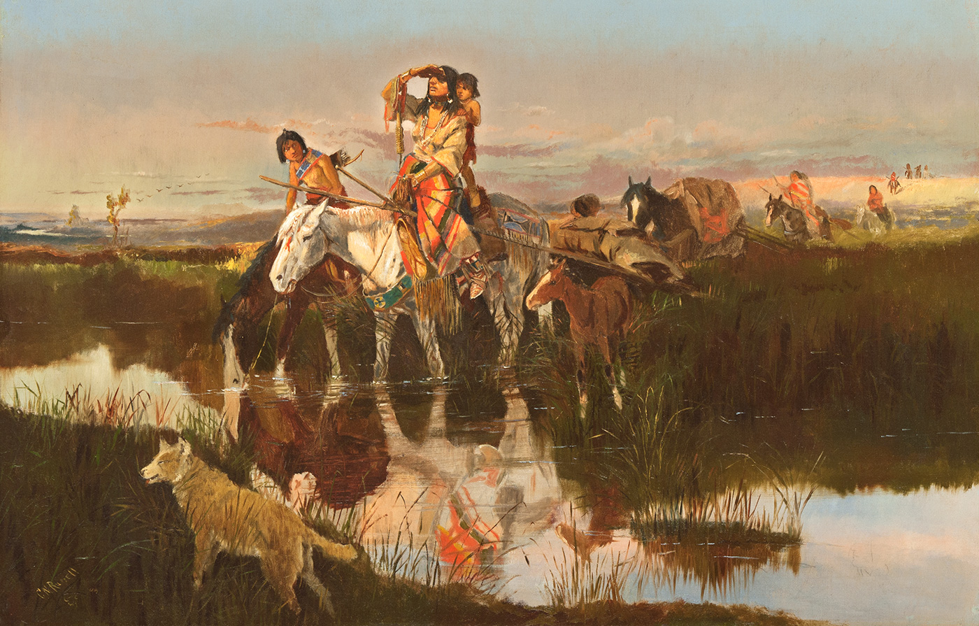 Indigenous American women and children ride horses through wetlands.