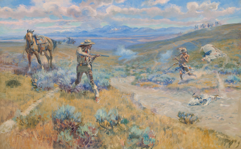 An Anglo man and an indigenous American man engage in a fatal duel with rifles.