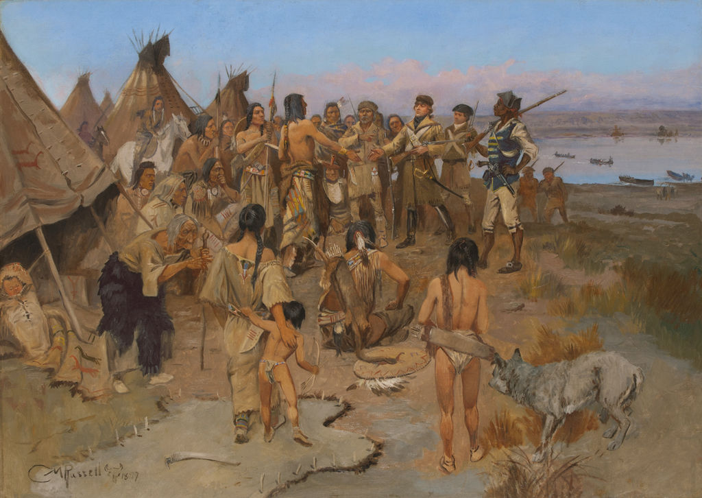A large group of indigenous Americans are gathered and focused on the meeting of two men at the center, set before a distant river landscape.