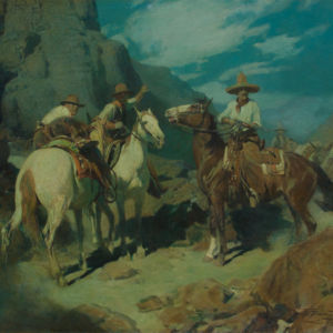 Three men on horseback stop while others follow behind on a mountainous path at night.