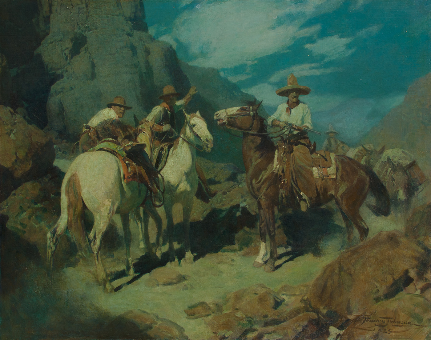 Three men on horseback stop while others follow behind on a mountainous path at night.