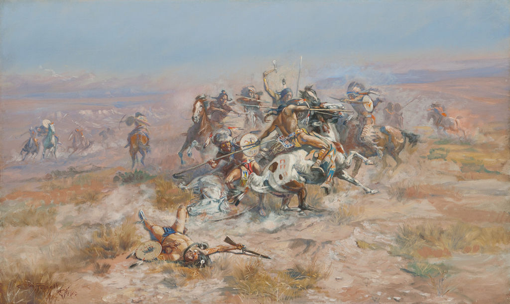 A tight circle of indigenous American men on horseback engage in combat using various weapons.