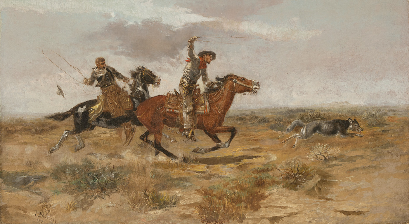 Two men on horses are attempting to rope a wolf.